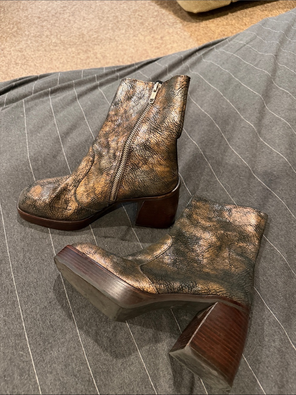 Free People Metallic Bronze Crackle Leather Block Heel Ankle Boots